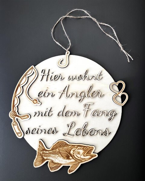 Holzschild "Hier wohnt ein Angler" 30cm